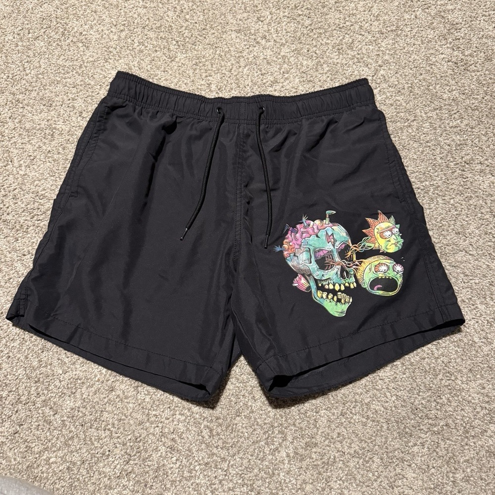 H&M Rick N Morty SZ M Swim Trunks Board Shorts Black Graphic Cartoon Network